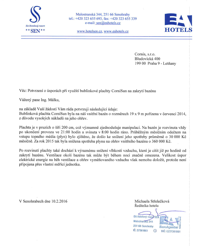 Potvrzení o úsporách na ohřevu bazénu hotel SEN Senohraby